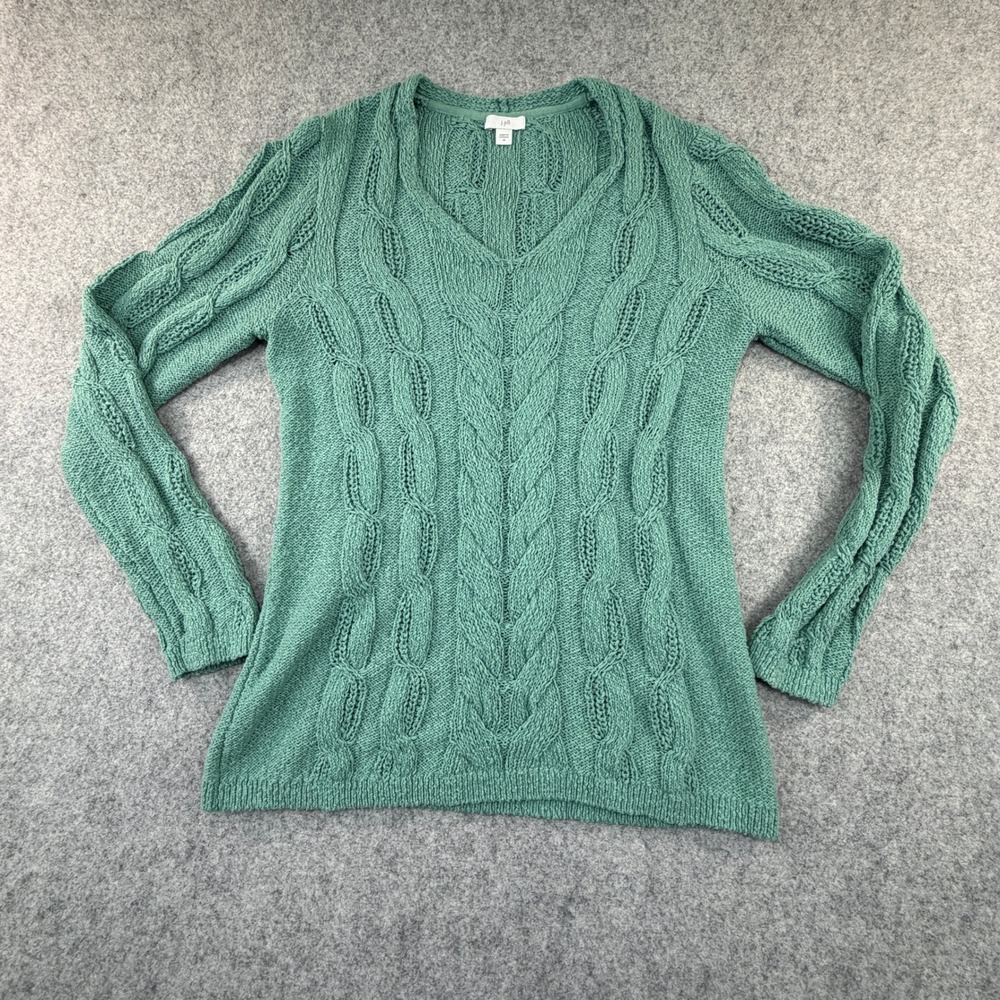 J. Jill Women Sage Green Cable Knit V-Neck Sweater Cotton Blend Size Medium